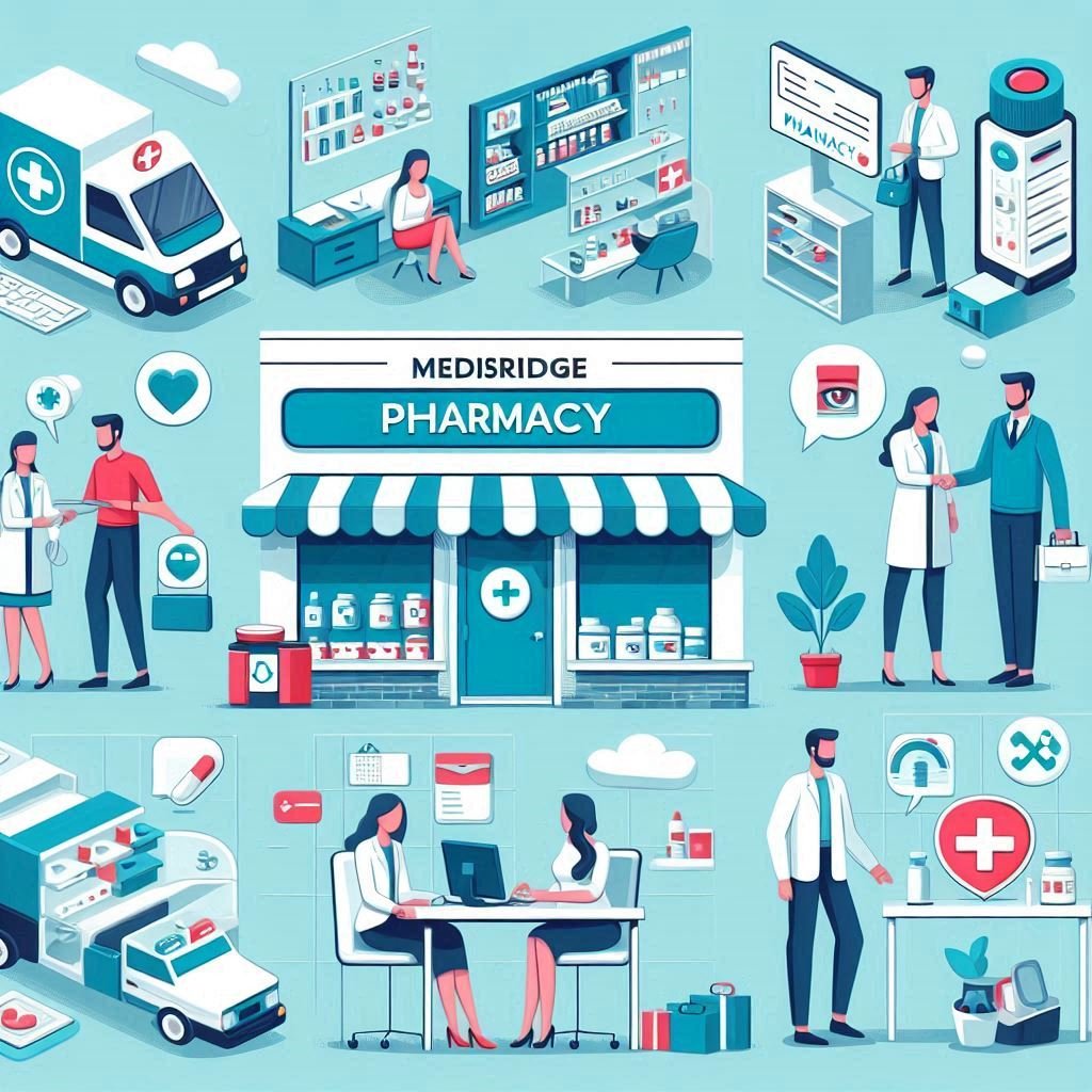 design several phamarcies images with customers visitng and receiving services at these phanmarcies