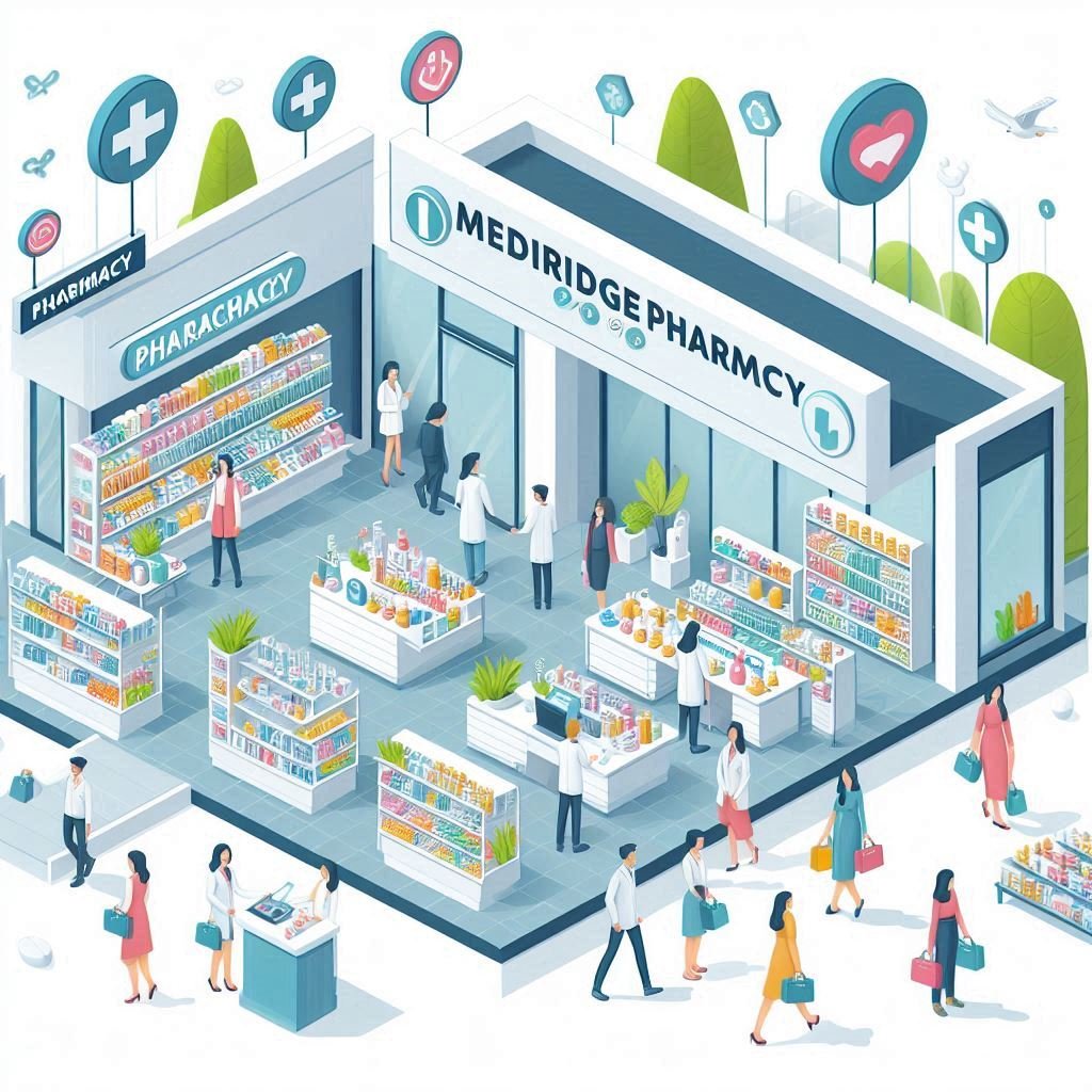 design several phamarcies images with customers visitng and receiving services at these phanmarcies (1)