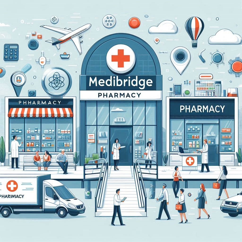 design several phamarcies images with customers visitng and receiving services at these phanmarcies (3)