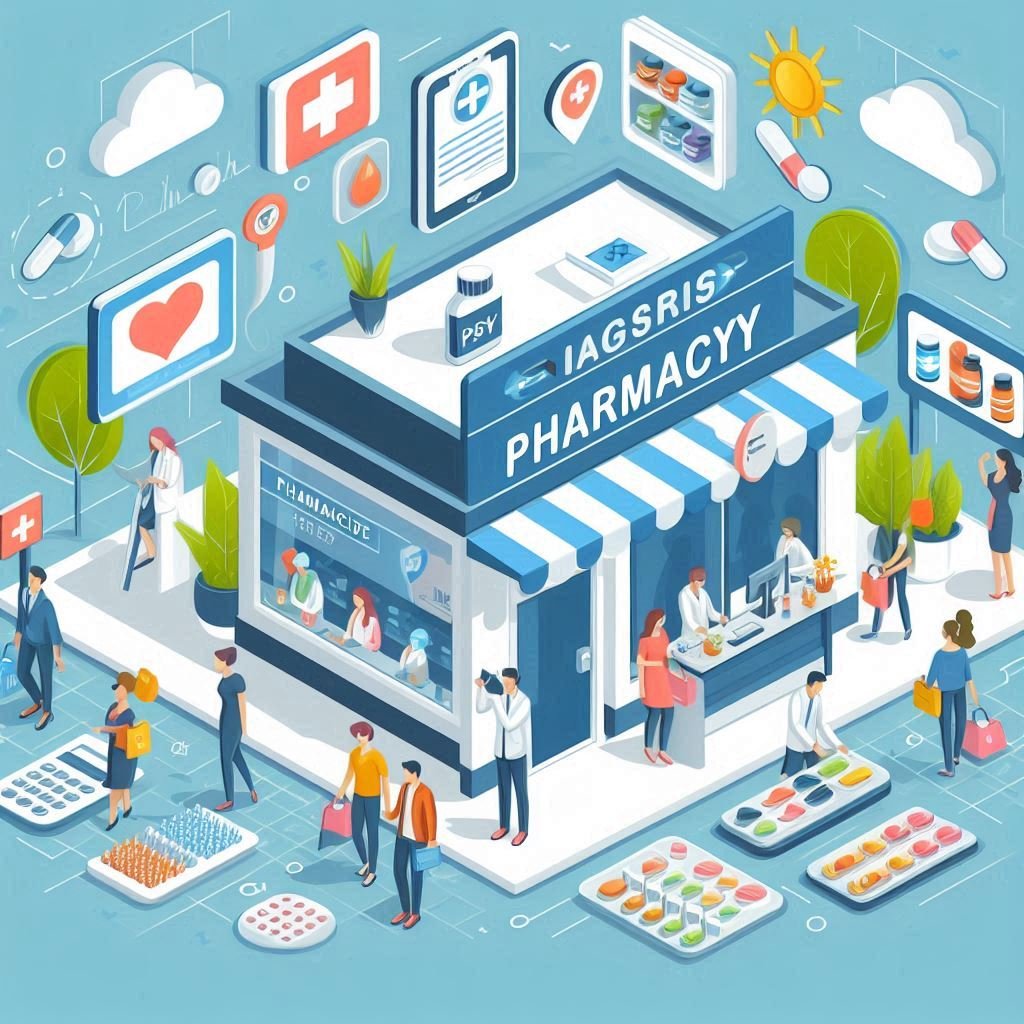 design several phamarcies images with customers visitng and receiving services at these phanmarcies