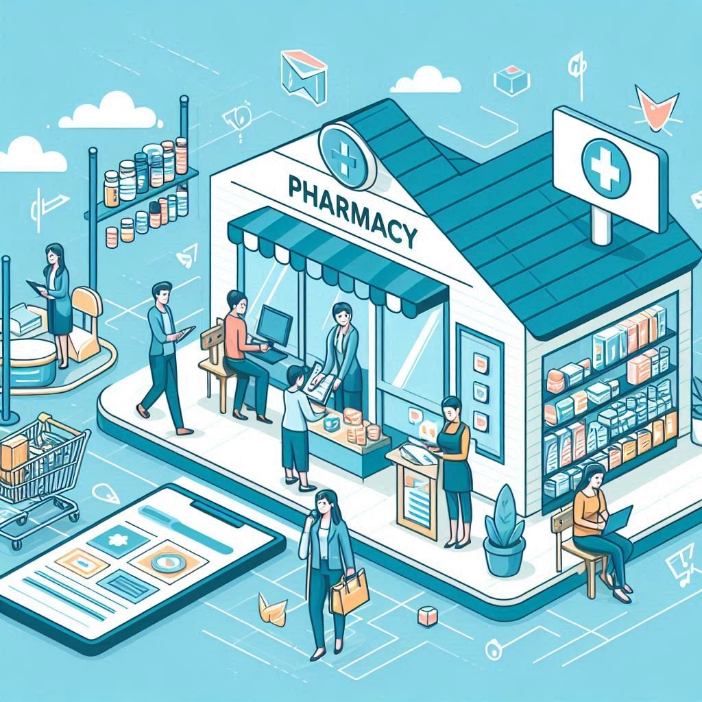 design several phamarcies images with customers visitng and receiving services at these phanmarcies (2)