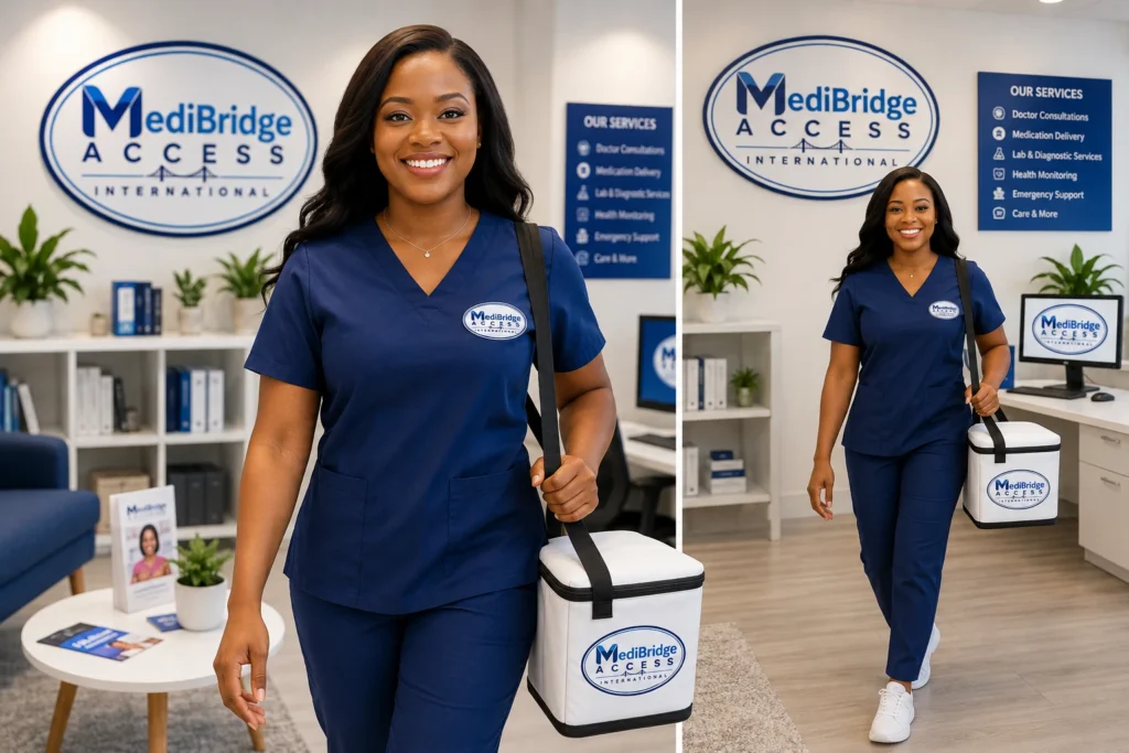 MediBridge Access International homecare nurse with a medication delivery bag